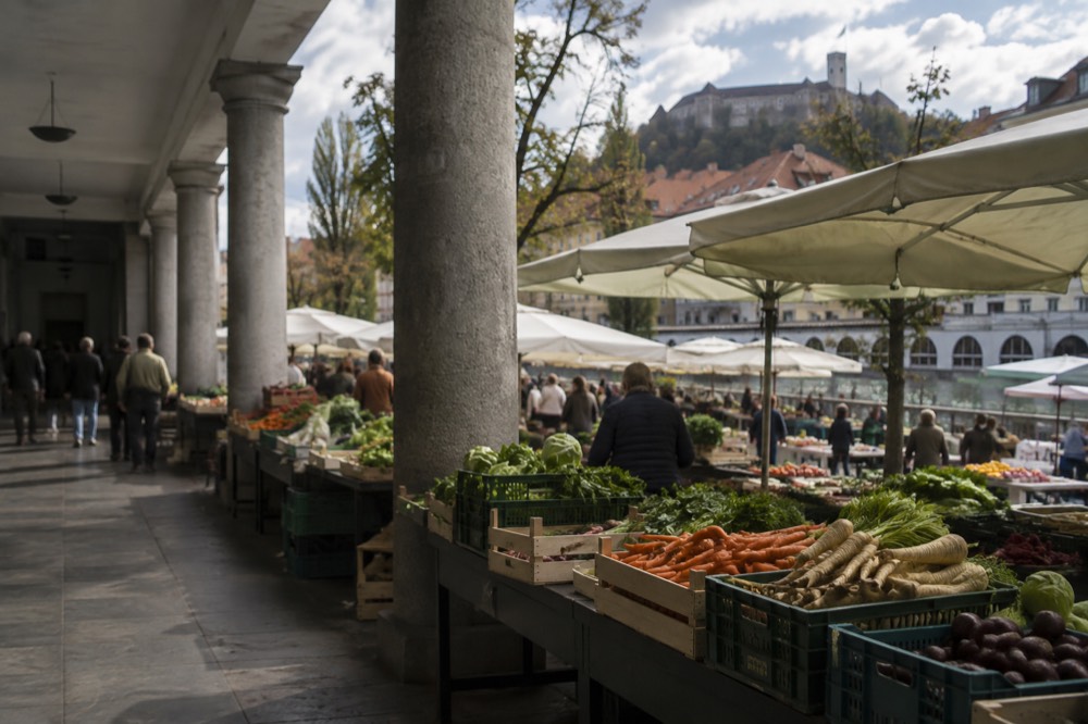 Covered market hall and open square with stalls in Ljubljana