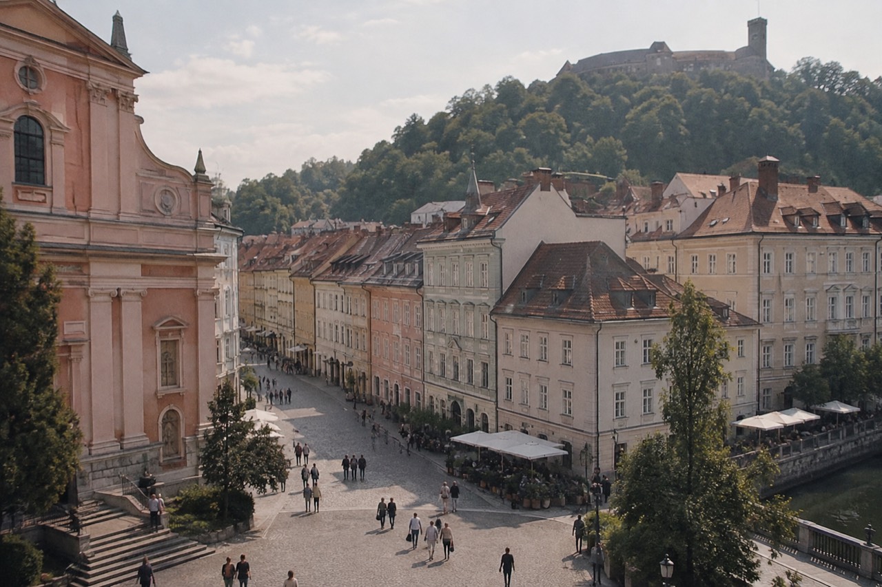Pedestrian square in central Ljubljana with a church facade and pastel buildings