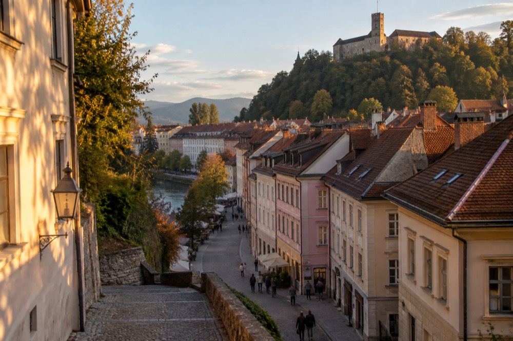 Stone castle walls and tower above rooftops seen from the hill