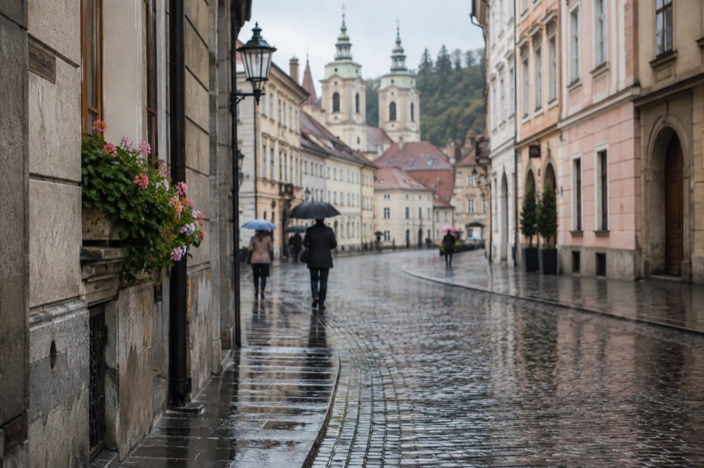 Rainy street in Ljubljana Old Town with wet cobblestones reflecting church towers