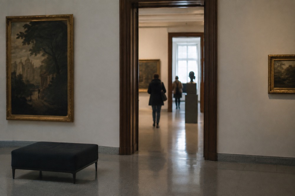 Interior of a Ljubljana museum gallery with paintings on dark walls