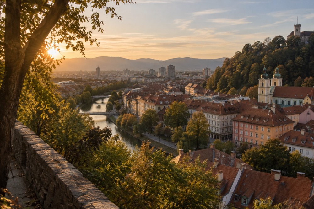 The Ljubljanica river and the old town rooftops of Ljubljana seen from the castle hill